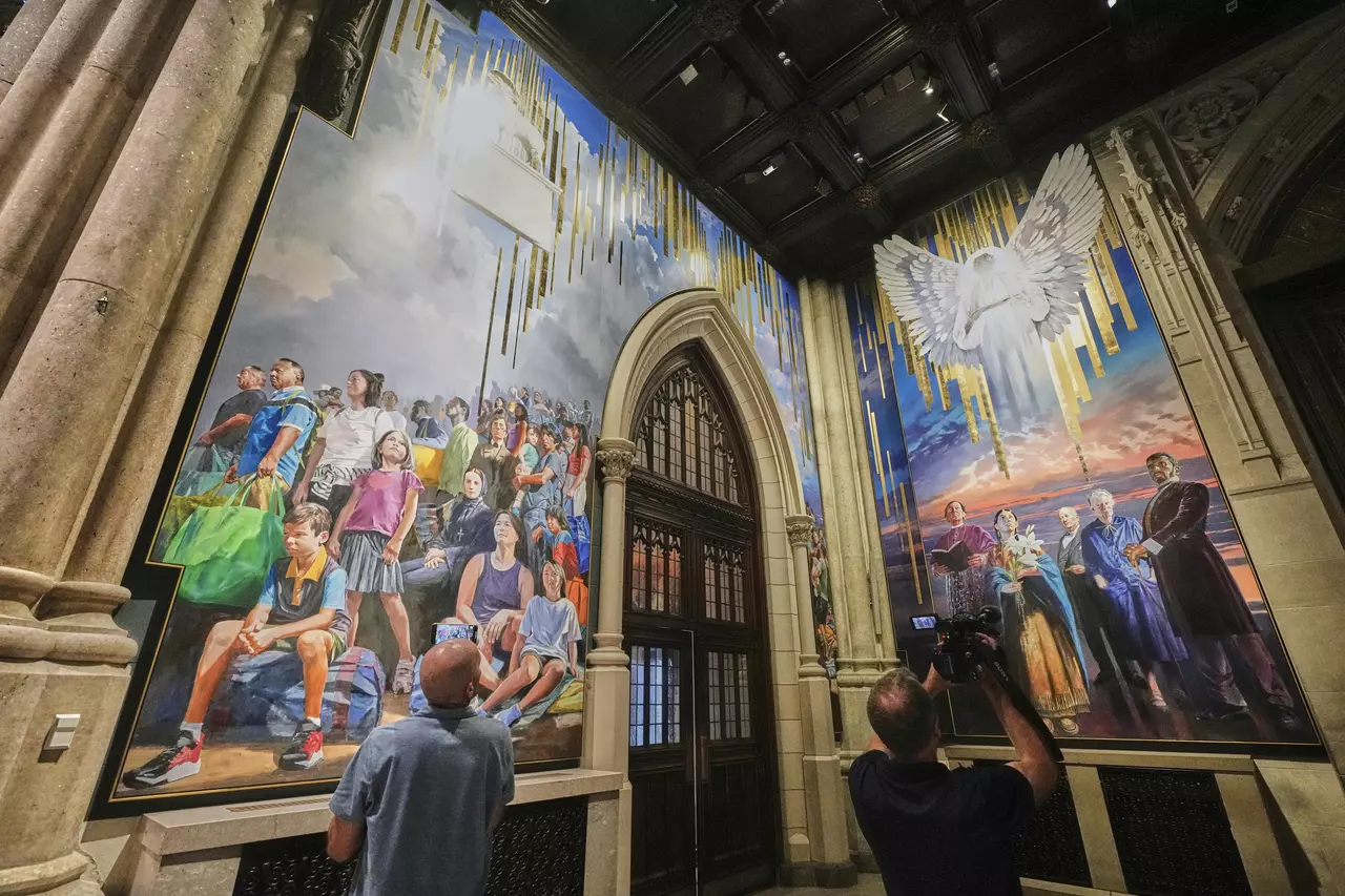 A massive mural honoring NYC immigrants now fills the entrance to St. Patrick’s Cathedral