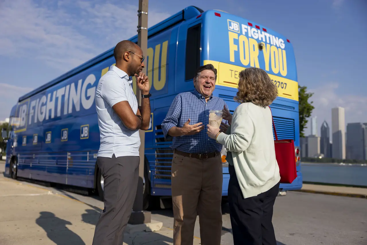 Ill. Gov. JB Pritzker pounces on President Donald Trump in campaign bus tour kickoff
